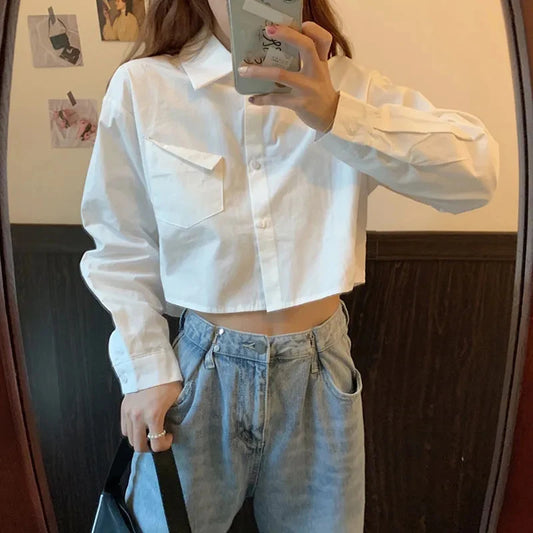 CITSLX White Shirt For Women 2024 Spring Summer Casual Wild Long Sleeve Crop Tops Female Japanese Style Student Pocket Cropped Blouses