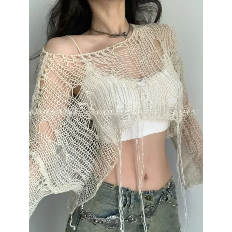 CITSLX White Slash Neck Grunge Knitted Women's Sweater Hole Ripped Pullover Crop Top Harajuku Hollow Out Sexy Summer Jumpers