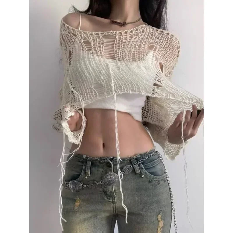 CITSLX White Slash Neck Grunge Knitted Women's Sweater Hole Ripped Pullover Crop Top Harajuku Hollow Out Sexy Summer Jumpers