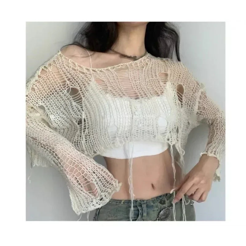 CITSLX White Slash Neck Grunge Knitted Women's Sweater Hole Ripped Pullover Crop Top Harajuku Hollow Out Sexy Summer Jumpers