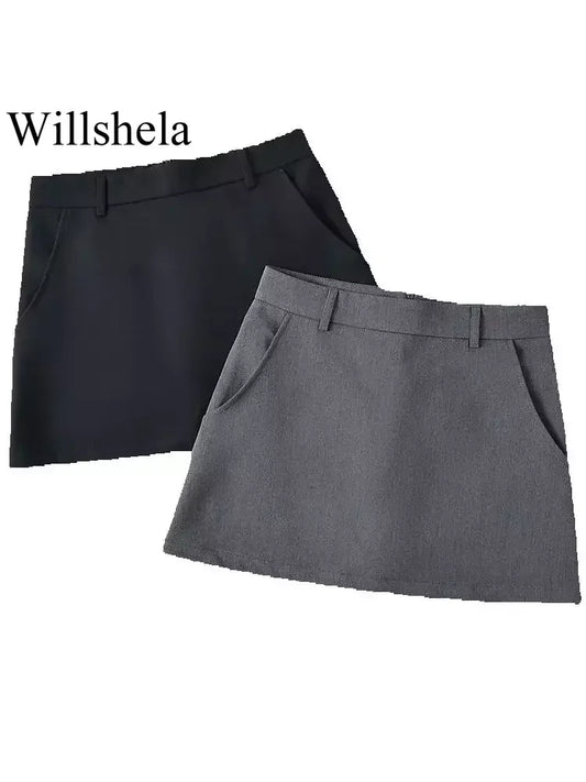 CITSLX Willshela Women Fashion Solid Back Zipper A-Line Mini Skirt Vintage High Waist Female Chic Lady Skirts