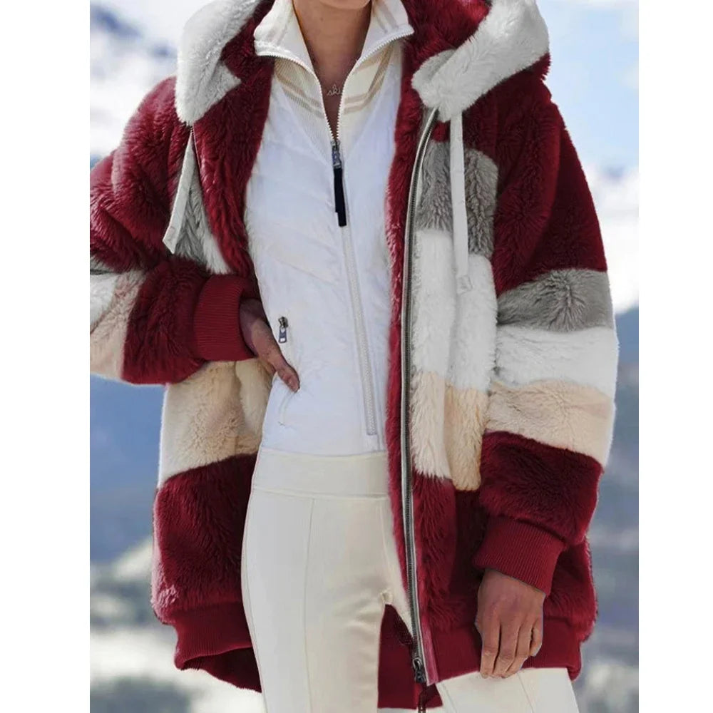 CITSLX Winter Fashion Women's Coat 2024 Hooded Zipper Ladies Jacket Spliced Thick Cashmere Women Jacket Stitching Plaid Ladies Coats