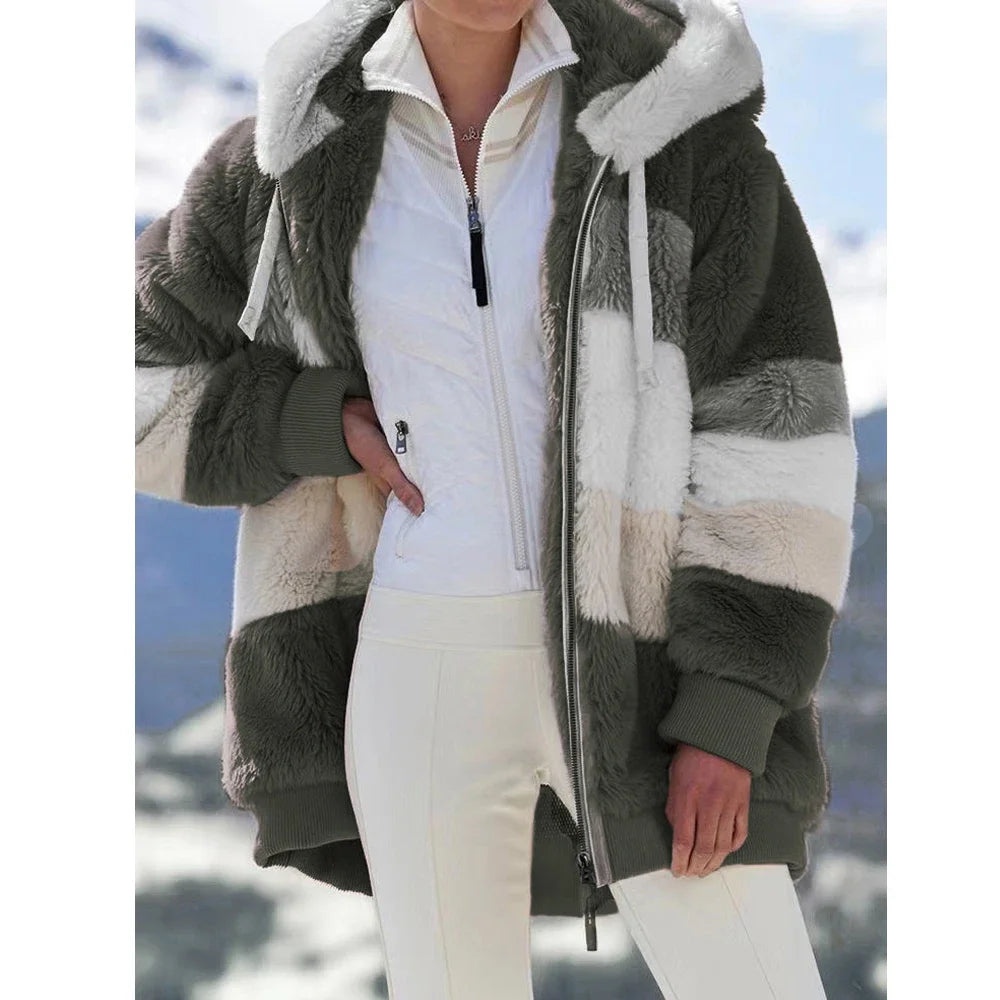 CITSLX Winter Fashion Women's Coat 2024 Hooded Zipper Ladies Jacket Spliced Thick Cashmere Women Jacket Stitching Plaid Ladies Coats