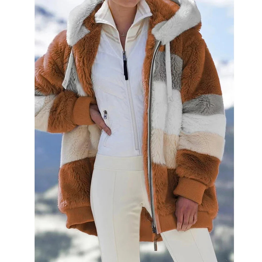 CITSLX Winter Fashion Women's Coat 2024 Hooded Zipper Ladies Jacket Spliced Thick Cashmere Women Jacket Stitching Plaid Ladies Coats