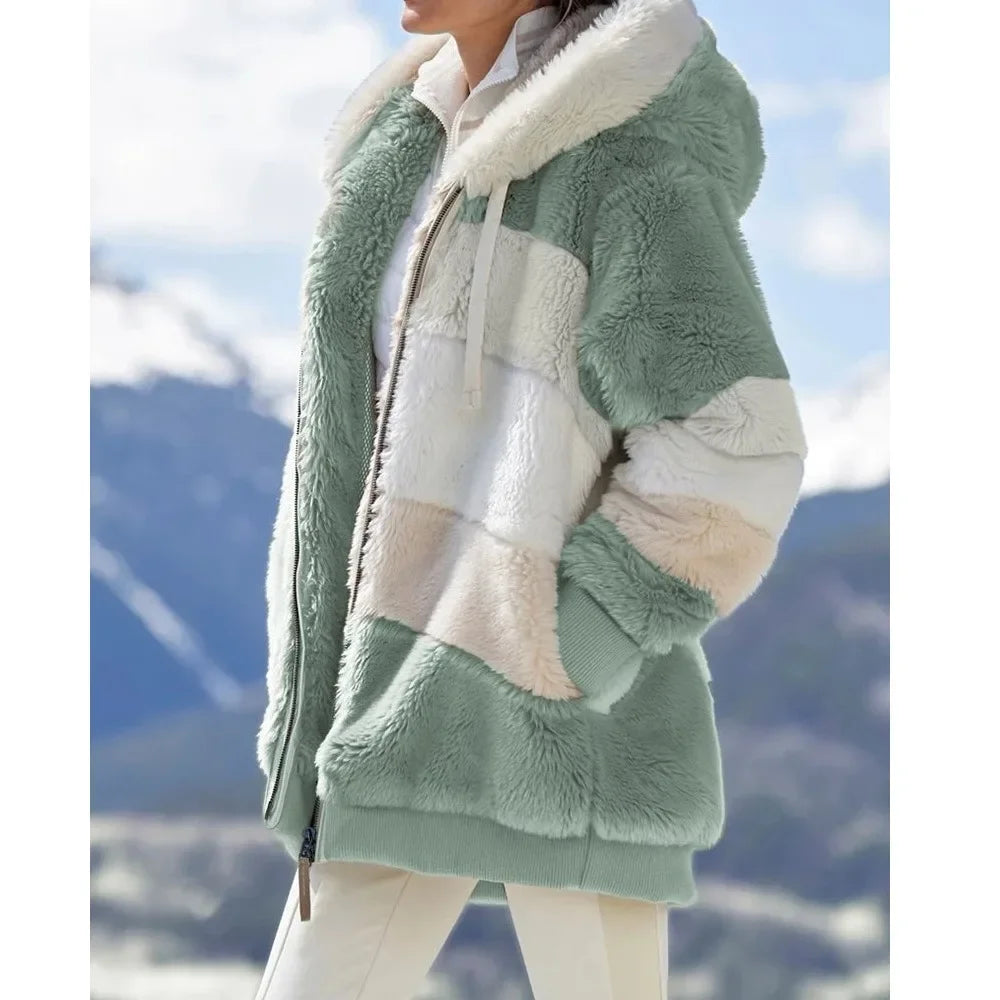 CITSLX Winter Fashion Women's Coat 2024 Hooded Zipper Ladies Jacket Spliced Thick Cashmere Women Jacket Stitching Plaid Ladies Coats