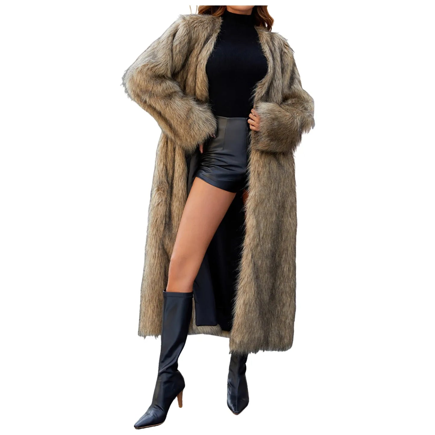 CITSLX Winter Faux Fur Long Coat For Women Warm Plush Jackets Casual Open Front Long Sleeve Outerwear Elegant High End Ladies Windbreak