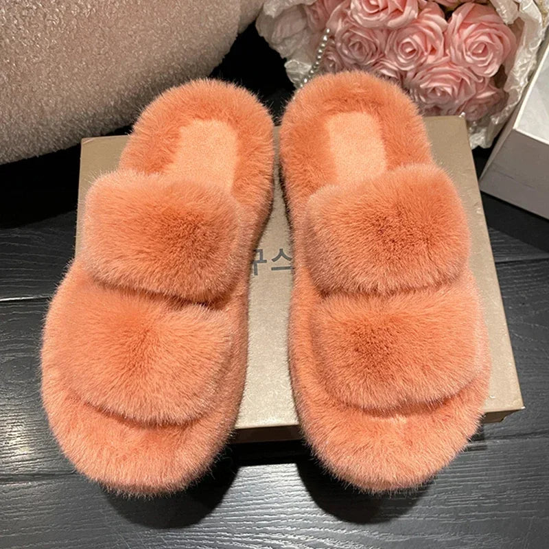 CITSLX Winter Fluffy Slippers Women 2025 New House Home Fur Slippers For Women Flat Platform Cozy Fuzzy Indoor Shoes Korean Slides