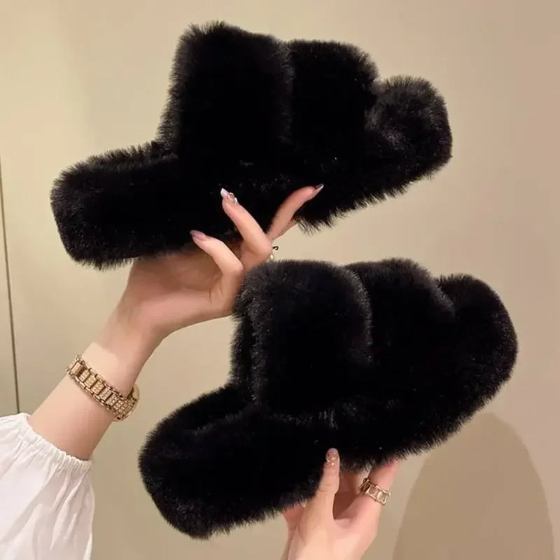 CITSLX Winter Fluffy Slippers Women 2025 New House Home Fur Slippers For Women Flat Platform Cozy Fuzzy Indoor Shoes Korean Slides