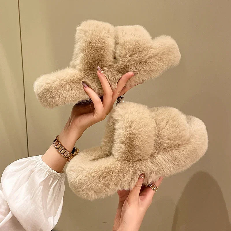 CITSLX Winter Fluffy Slippers Women 2025 New House Home Fur Slippers For Women Flat Platform Cozy Fuzzy Indoor Shoes Korean Slides