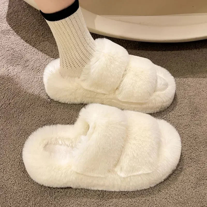 CITSLX Winter Fluffy Slippers Women 2025 New House Home Fur Slippers For Women Flat Platform Cozy Fuzzy Indoor Shoes Korean Slides