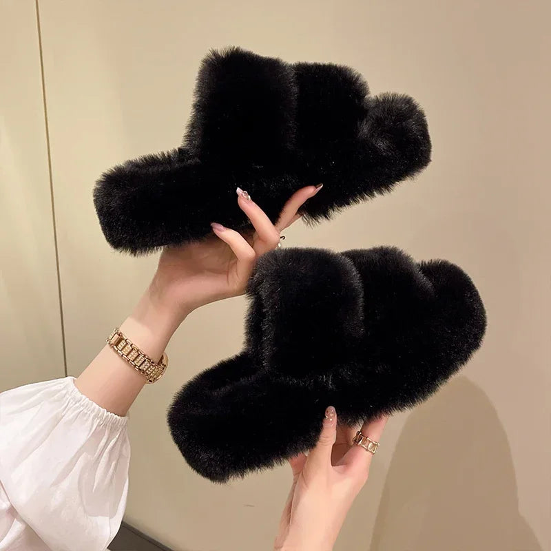 CITSLX Winter Fluffy Slippers Women 2025 New House Home Fur Slippers For Women Flat Platform Cozy Fuzzy Indoor Shoes Korean Slides