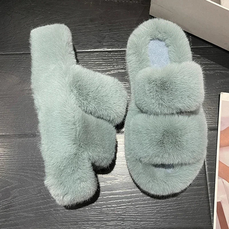 CITSLX Winter Fluffy Slippers Women 2025 New House Home Fur Slippers For Women Flat Platform Cozy Fuzzy Indoor Shoes Korean Slides