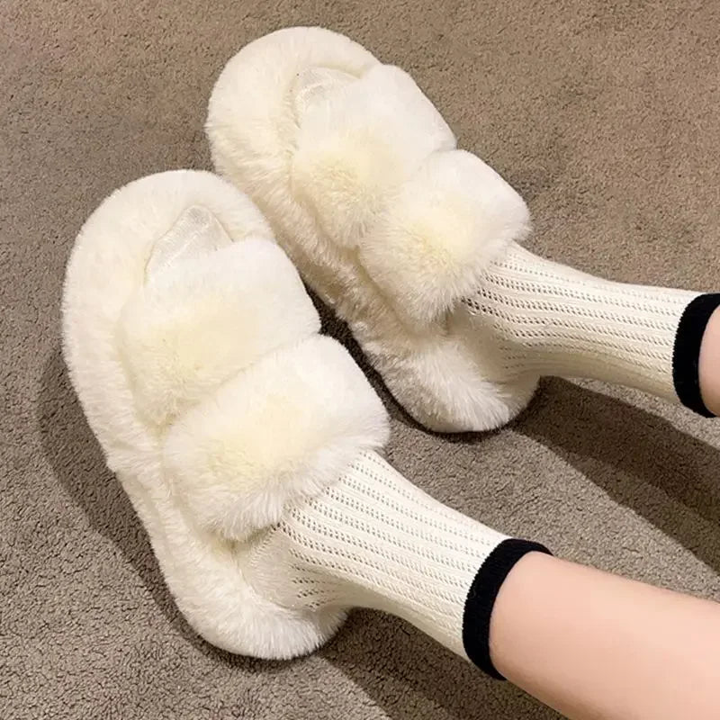 CITSLX Winter Fluffy Slippers Women 2025 New House Home Fur Slippers For Women Flat Platform Cozy Fuzzy Indoor Shoes Korean Slides