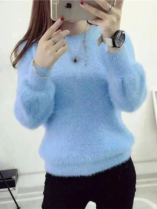 CITSLX Winter Imitate Mink Wool Hot Fleecing Female O-neck Long Puff Sleeve  Elastic Casual Sweater Women Knitted Tops Pullovers Solid