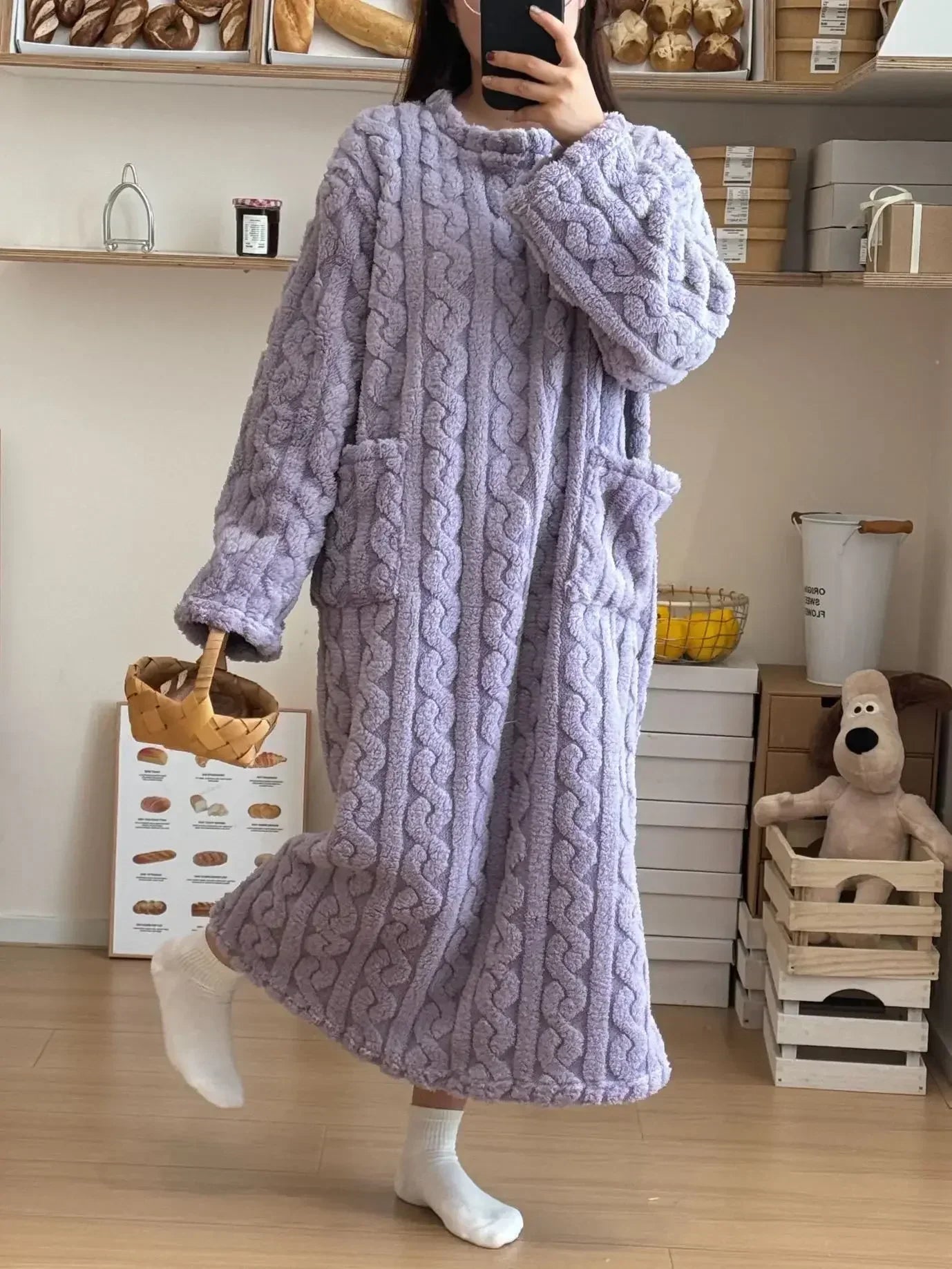 CITSLX Winter Long Sleeve Double Pocket Flannel Nightgowns Women Loose Solid Sleepwear Jacquard Night Dress Thickened Warm Nightdress