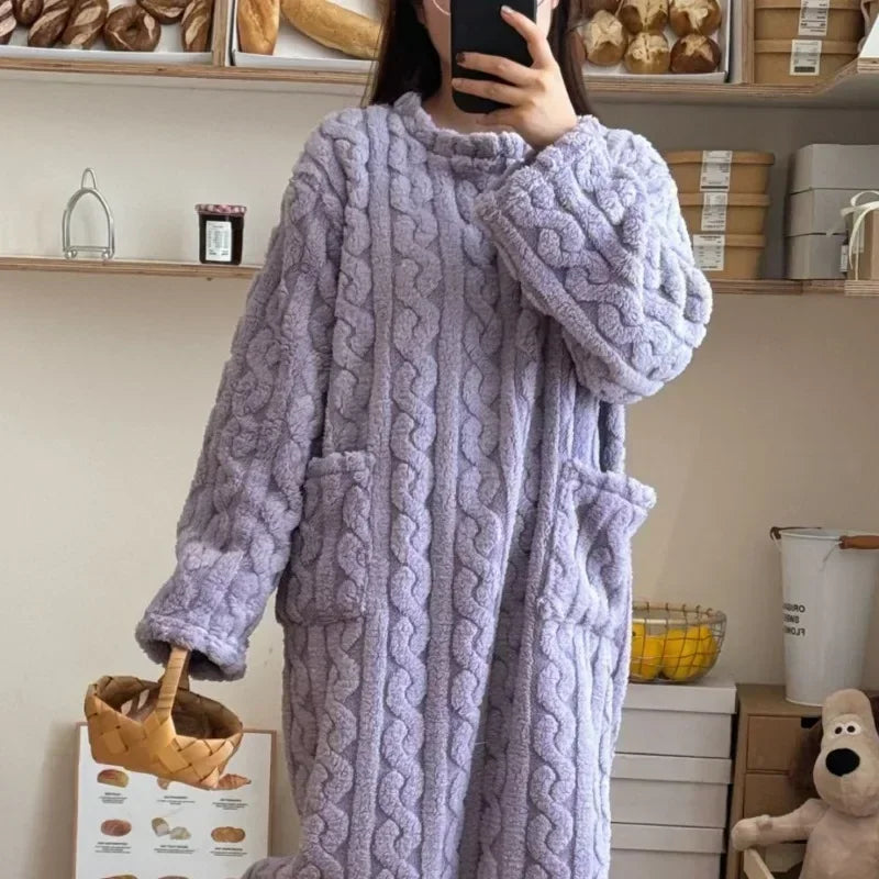 CITSLX Winter Long Sleeve Double Pocket Flannel Nightgowns Women Loose Solid Sleepwear Jacquard Night Dress Thickened Warm Nightdress