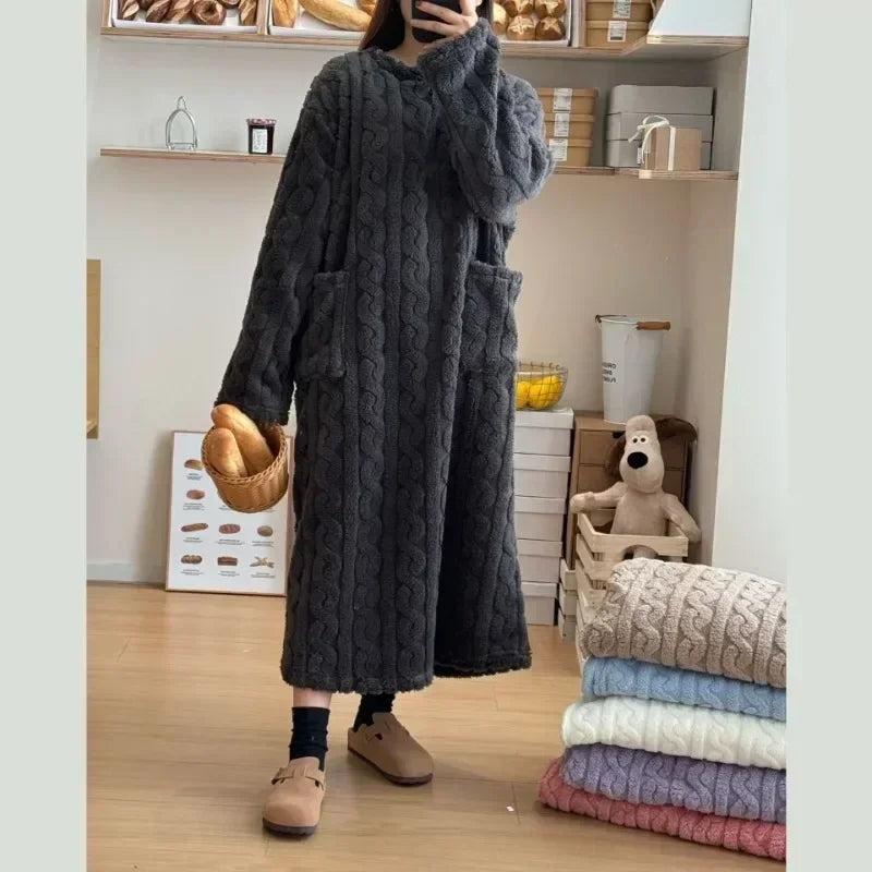 CITSLX Winter Long Sleeve Double Pocket Flannel Nightgowns Women Loose Solid Sleepwear Jacquard Night Dress Thickened Warm Nightdress