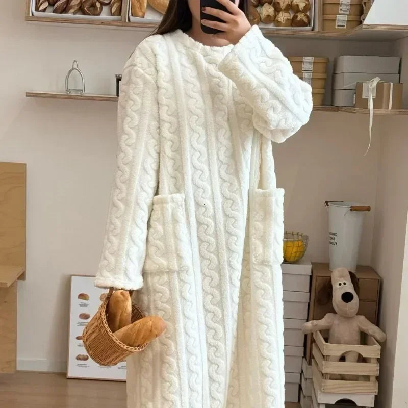 CITSLX Winter Long Sleeve Double Pocket Flannel Nightgowns Women Loose Solid Sleepwear Jacquard Night Dress Thickened Warm Nightdress