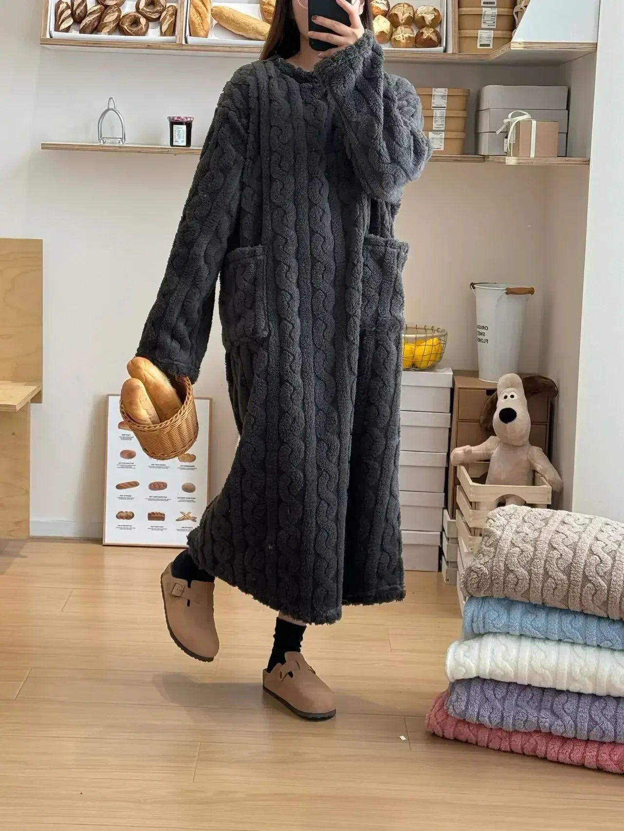 CITSLX Winter Long Sleeve Double Pocket Flannel Nightgowns Women Loose Solid Sleepwear Jacquard Night Dress Thickened Warm Nightdress