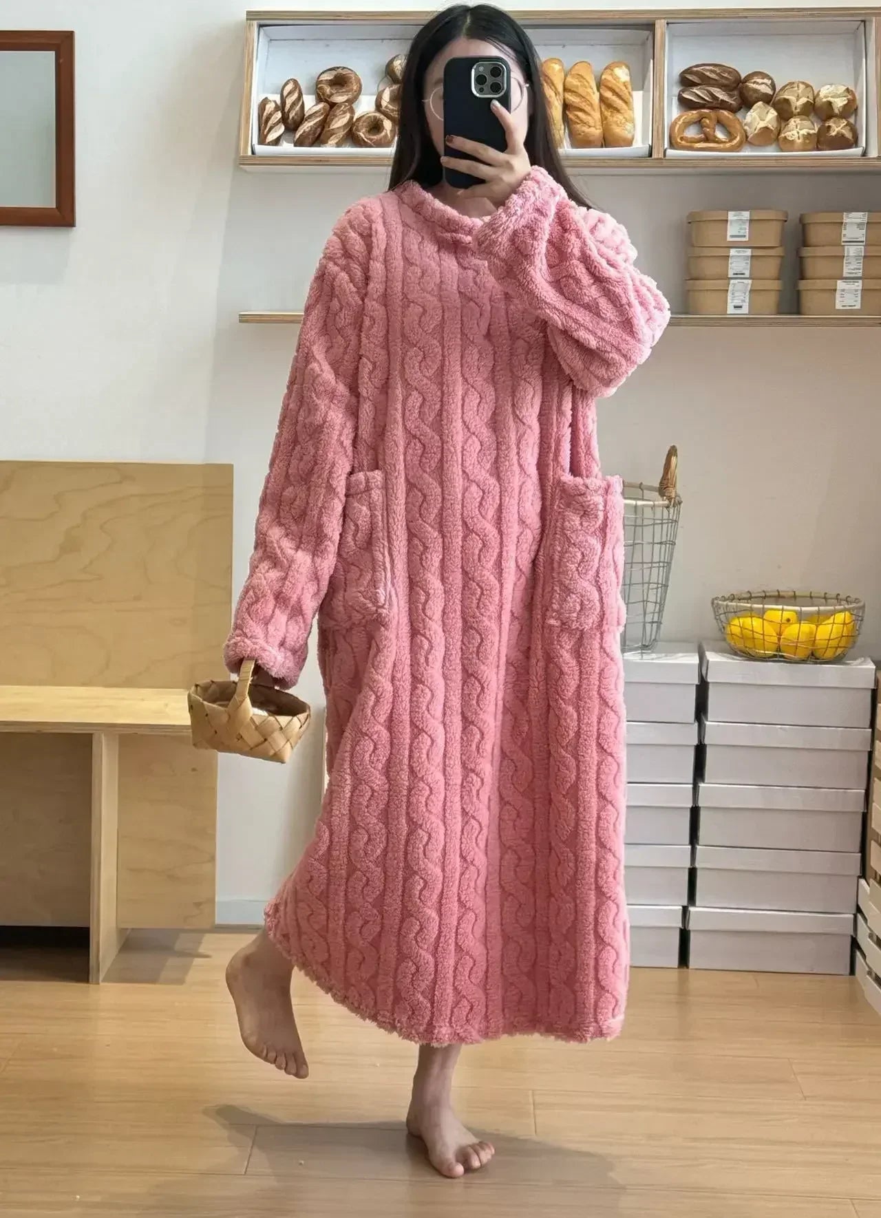 CITSLX Winter Long Sleeve Double Pocket Flannel Nightgowns Women Loose Solid Sleepwear Jacquard Night Dress Thickened Warm Nightdress