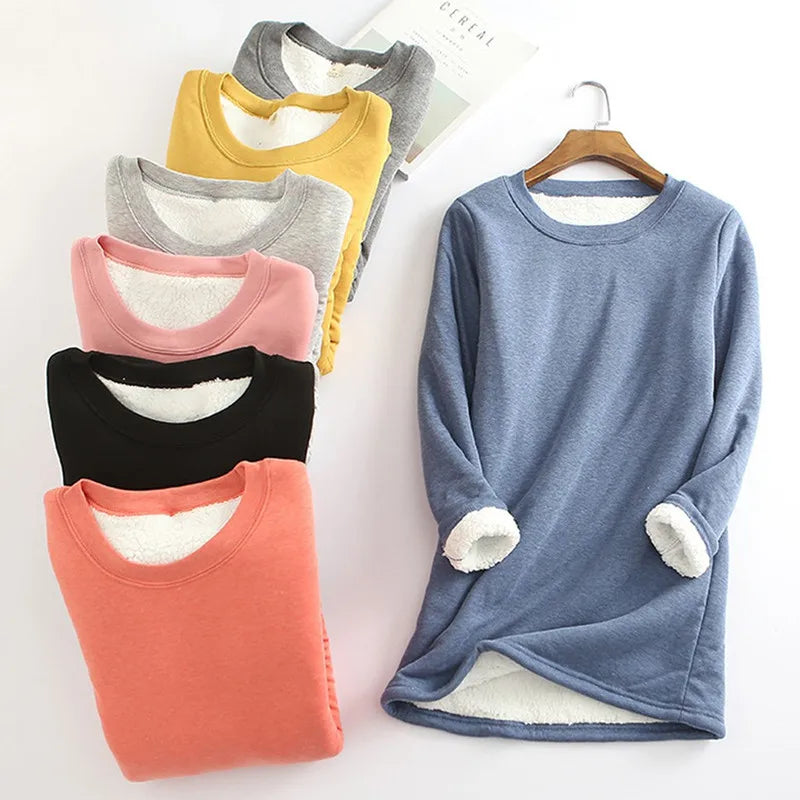 CITSLX Winter Women Thick Fleece Sweatshirt Velvet Warm Solid O-neck Underwear Blouse Tops