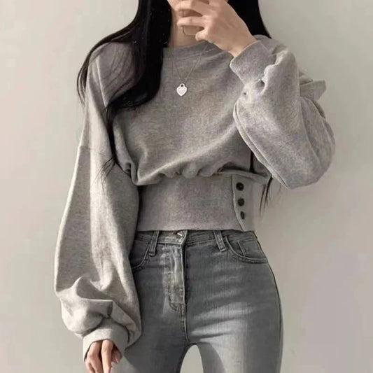 CITSLX Winter Women's Sweatshirt Solid O-Neck Long Sleeve Top Lantern Sleeve Slim Crop Top Casual Hip-Hop New Pullover Sweet Streetwear