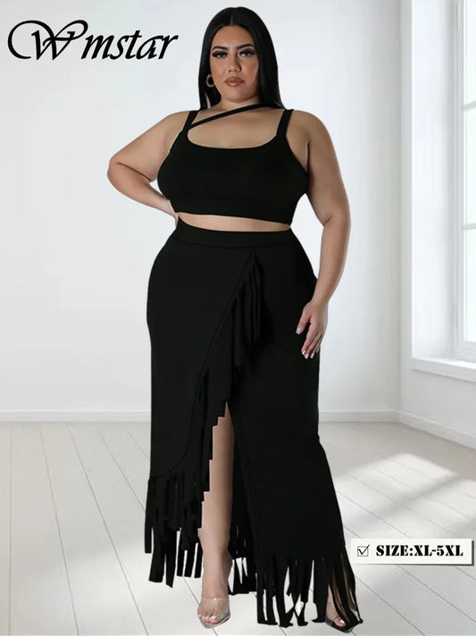 CITSLX Wmstar Plus Size Two Piece Set Women Summer Sexy Crop Top Long Skirt Sets Tassel Casual Matching Suit Wholesale Drop Shipping