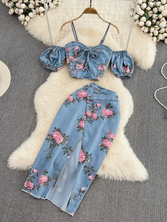 CITSLX Women 2 Piece Set Denim Fashion Female Hot Girl Chic Sexy Sling Top High Waist Irregular Split Skirt Summer Lady Suit