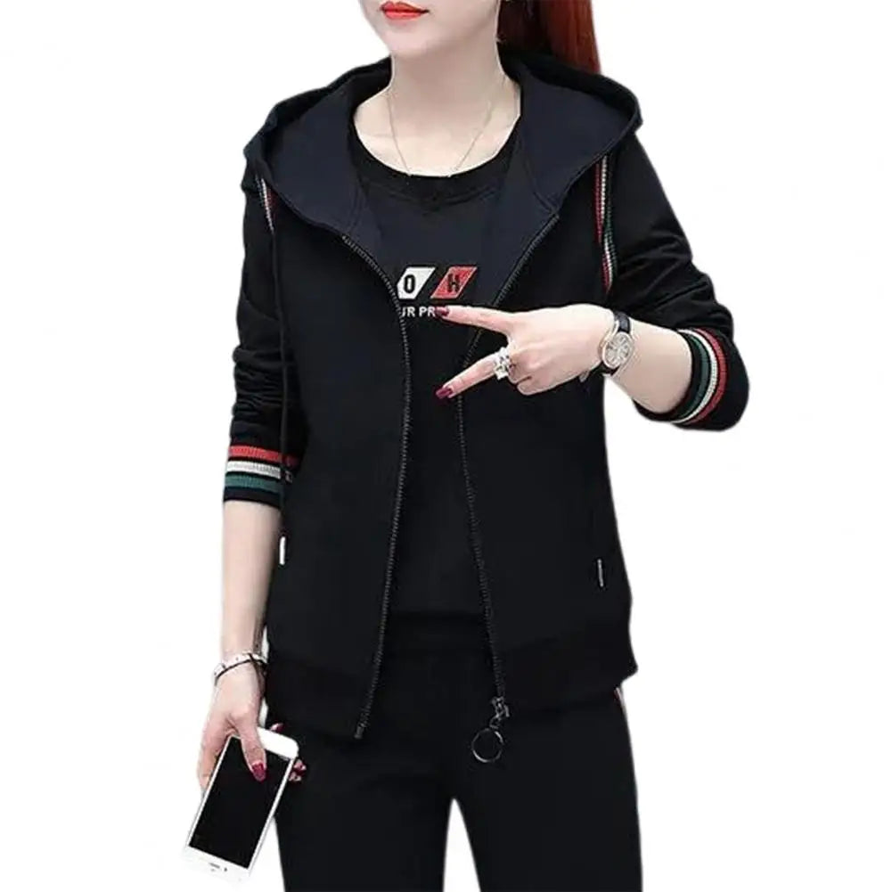 CITSLX Women 3 Piece Running Sets Fall Spring Solid Sportswear Long Sleeve Fleece Hoodies+Jogger Pants Plus Size Female Tracksuits Sets