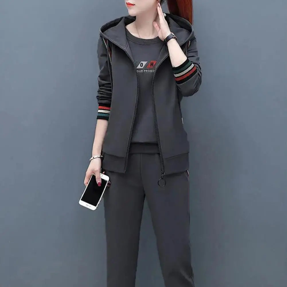 CITSLX Women 3 Piece Running Sets Fall Spring Solid Sportswear Long Sleeve Fleece Hoodies+Jogger Pants Plus Size Female Tracksuits Sets