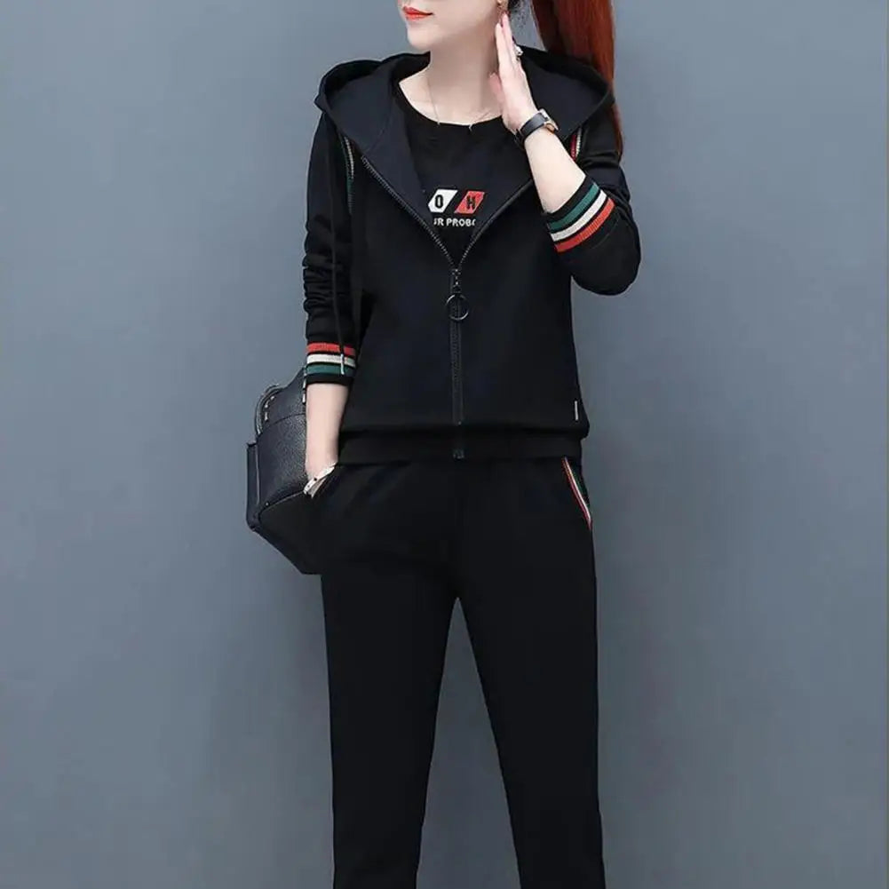 CITSLX Women 3 Piece Running Sets Fall Spring Solid Sportswear Long Sleeve Fleece Hoodies+Jogger Pants Plus Size Female Tracksuits Sets