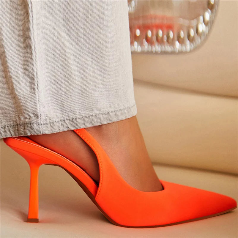 CITSLX Women 9cm High Heels Pumps Neon Orange Green Sandals Lady Slingback Mules Pointed Toe Mid Heels Party Fetish Prom Wedding Shoes