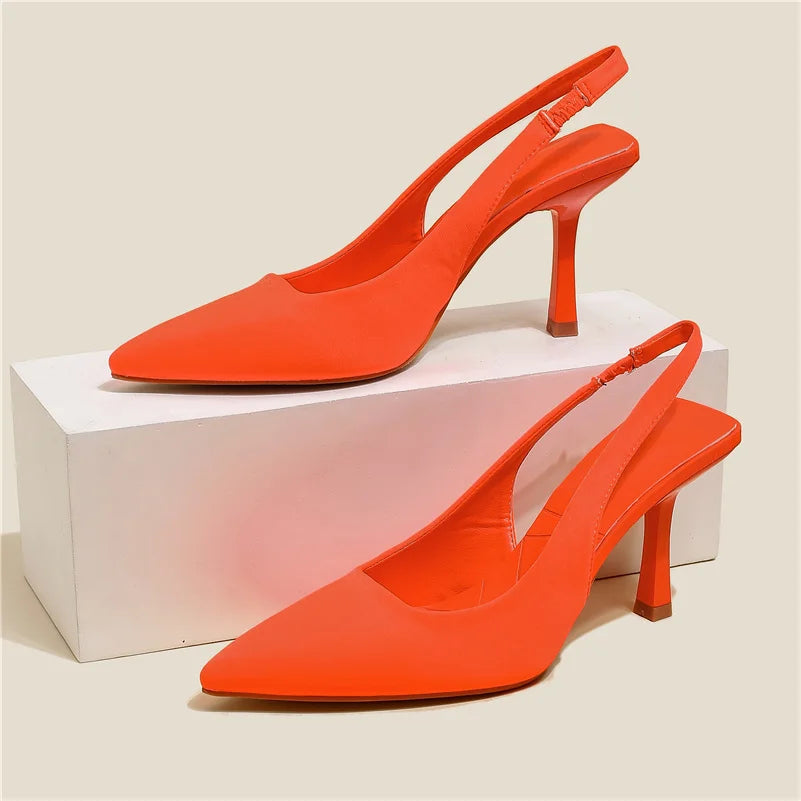 CITSLX Women 9cm High Heels Pumps Neon Orange Green Sandals Lady Slingback Mules Pointed Toe Mid Heels Party Fetish Prom Wedding Shoes