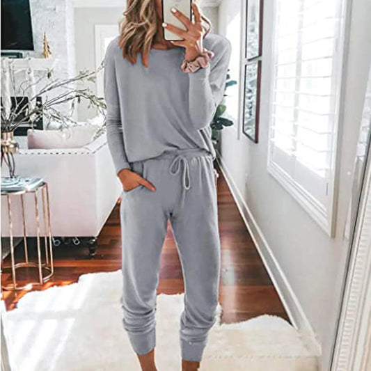 CITSLX Women Autumn Solid Color 2 Piece Set Fashion Long Sleeve O-Neck T-Shirts+High Waist Drawstring Pant Sets Homewear Trouser Suits