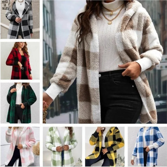 CITSLX Women Autumn Winter Double Fleece Plaid Cardigan Soft Loose Long Sleeve Plush Warm Hooded Jacket Female Patchwork Outerwear Coat