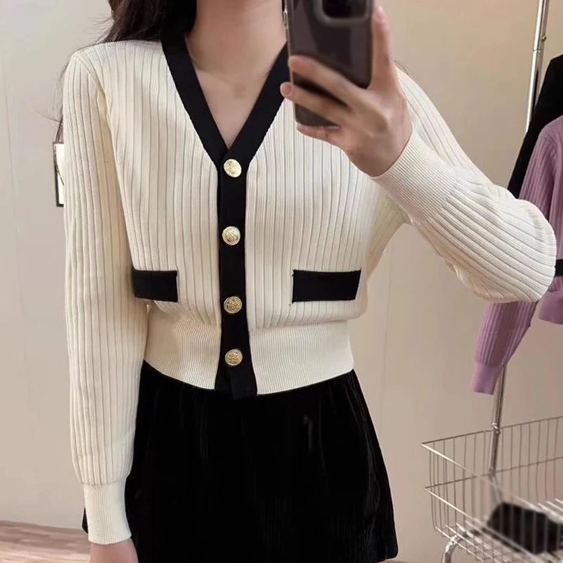 CITSLX Women Autumn Winter Elegant Knitted Cardigan Contrast Color V-neck Long Sleeve Sweater Korean Fashion Tops Female Knitwear