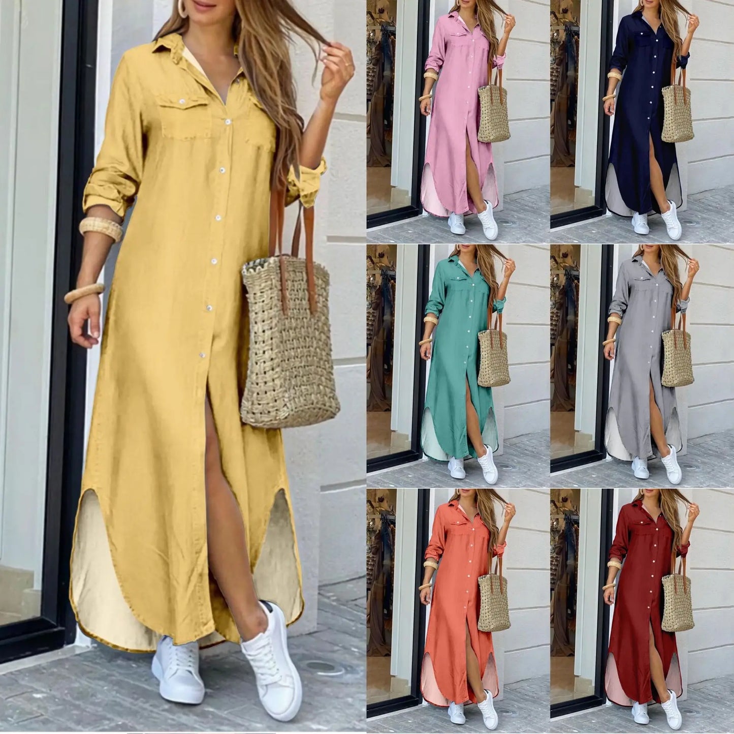 CITSLX Women Blouse Dress Summer Fashion Female Pocket Button Long Sleeve Long Maxi Party Dresses LRFZ-9386