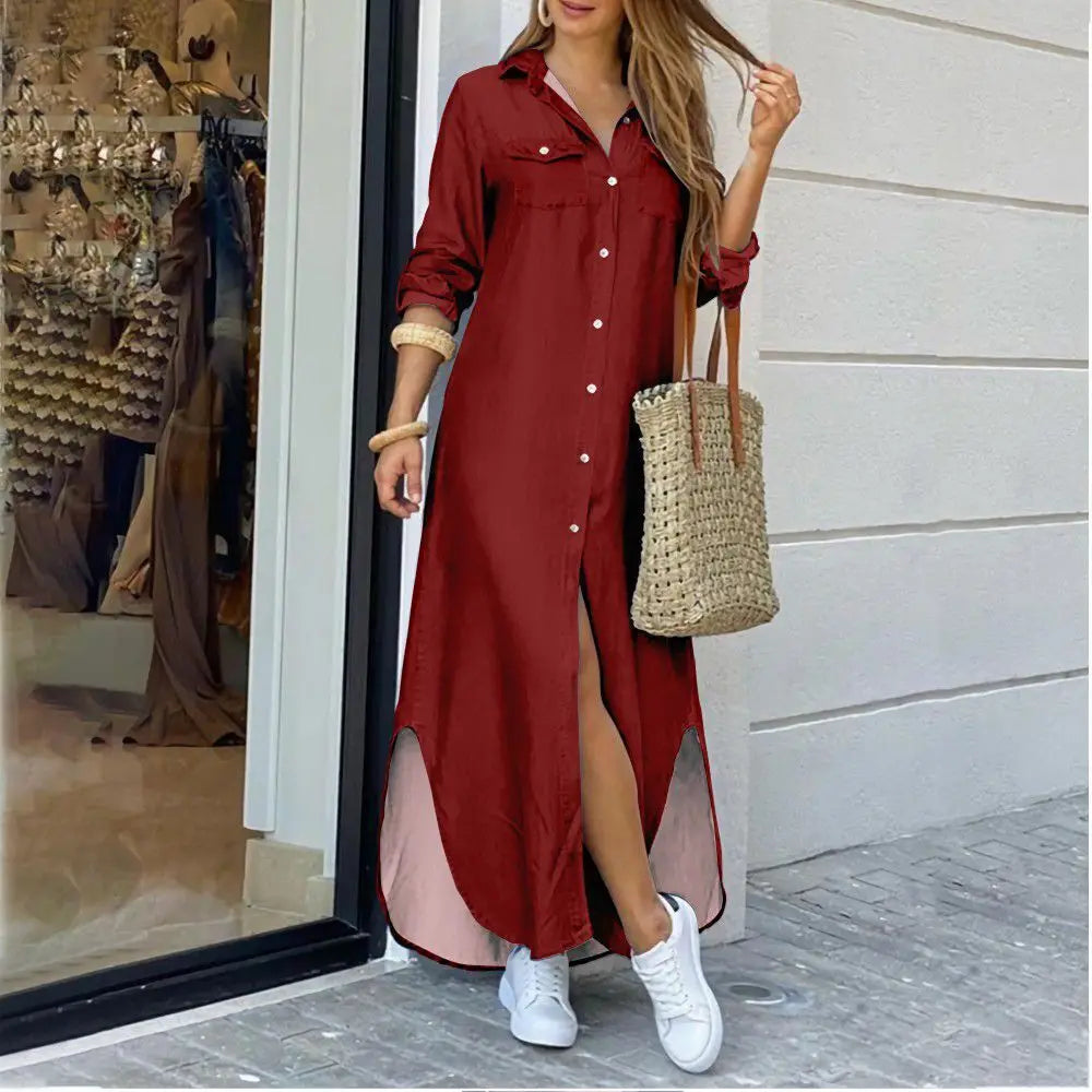 CITSLX Women Blouse Dress Summer Fashion Female Pocket Button Long Sleeve Long Maxi Party Dresses LRFZ-9386