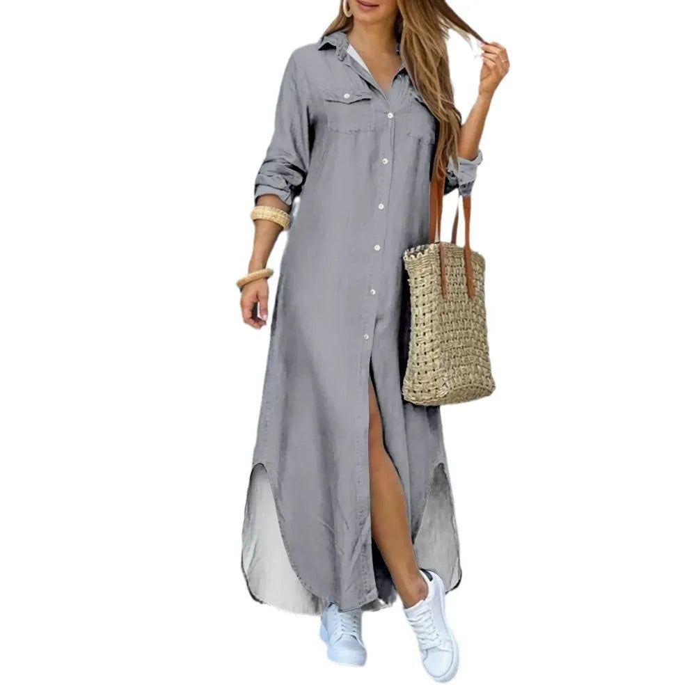 CITSLX Women Blouse Dress Summer Fashion Female Pocket Button Long Sleeve Long Maxi Party Dresses LRFZ-9386