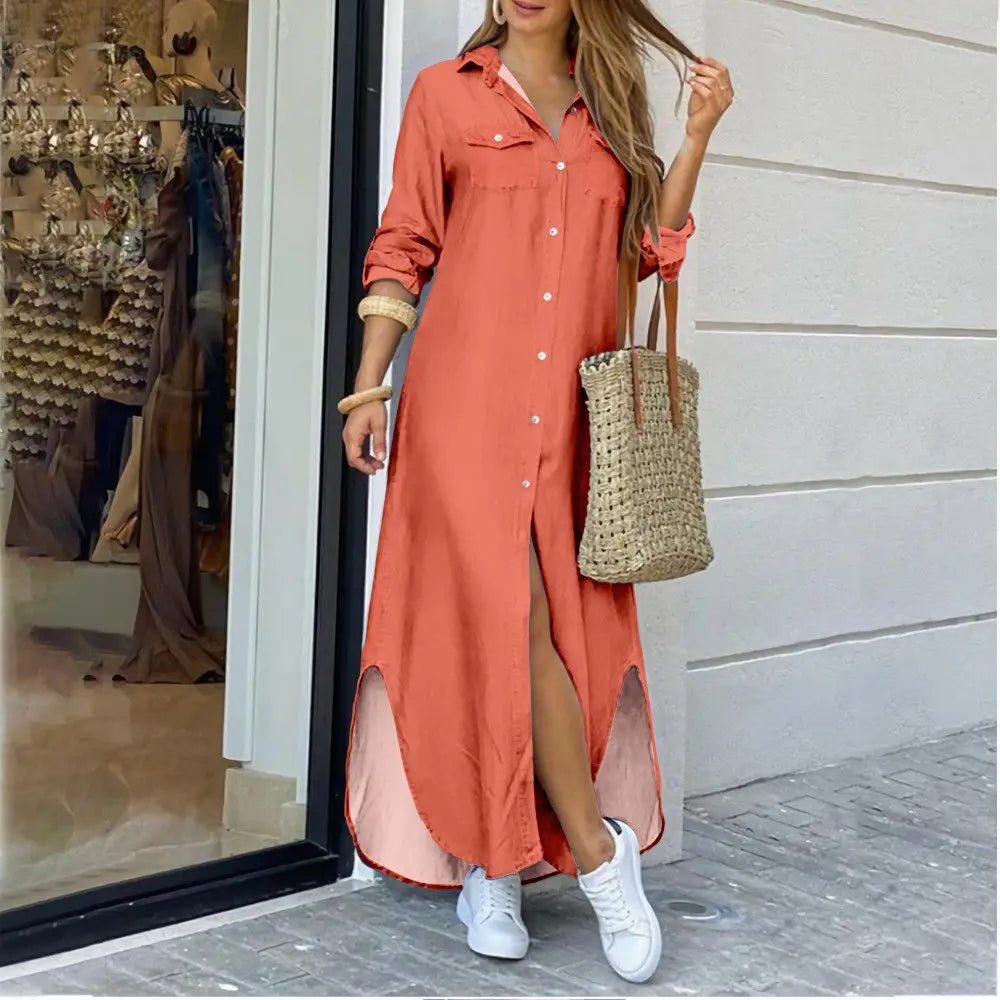 CITSLX Women Blouse Dress Summer Fashion Female Pocket Button Long Sleeve Long Maxi Party Dresses LRFZ-9386