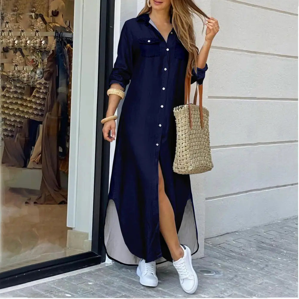 CITSLX Women Blouse Dress Summer Fashion Female Pocket Button Long Sleeve Long Maxi Party Dresses LRFZ-9386