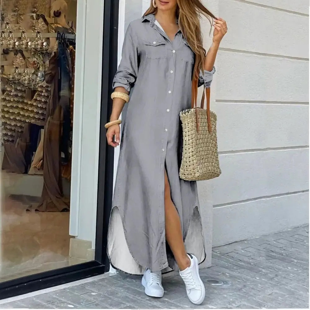 CITSLX Women Blouse Dress Summer Fashion Female Pocket Button Long Sleeve Long Maxi Party Dresses LRFZ-9386