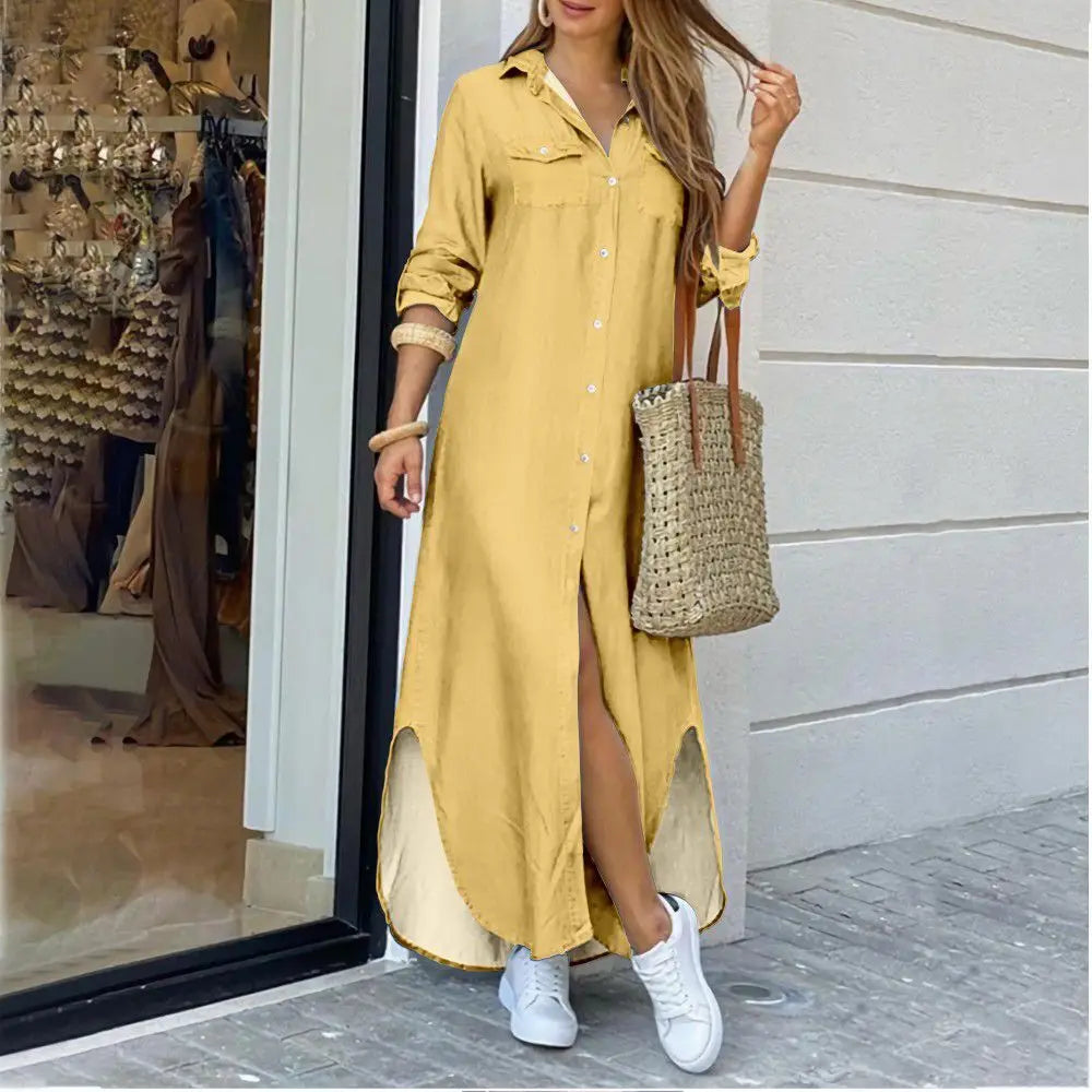 CITSLX Women Blouse Dress Summer Fashion Female Pocket Button Long Sleeve Long Maxi Party Dresses LRFZ-9386