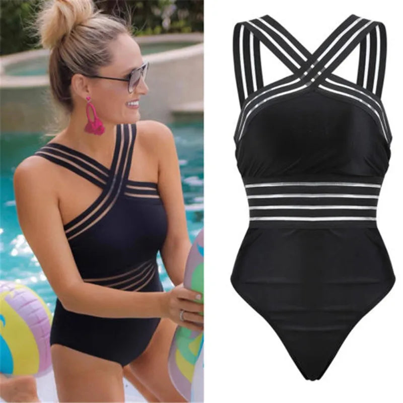 CITSLX Women Bodysuit Swimsuits 2024 Summer One_piece Swimwear For Lady High Neck Bandage Cross Back Padded Up Swimming Suit For Women