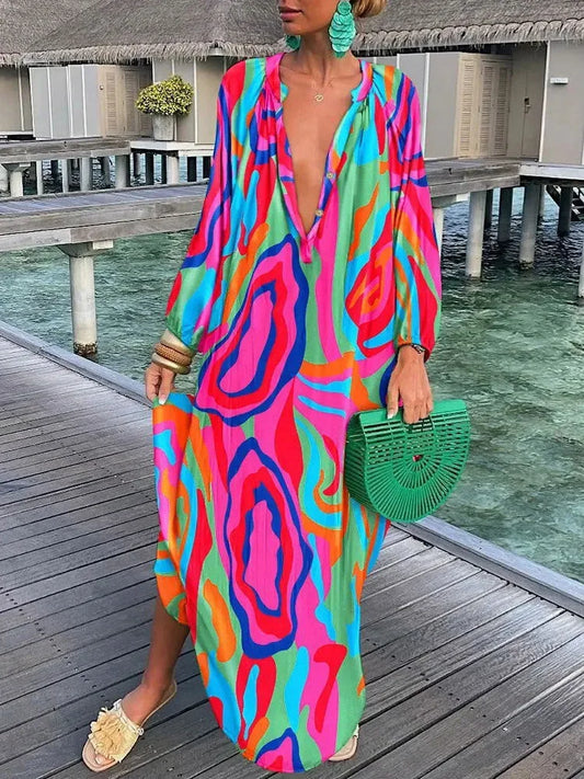 CITSLX Women Boho Maxi Dress 2024 Summer Sexy Deep V-Neck Long Dresses Vintage Print Long Sleeve Loose Beach Cover Up Female Dress Robe