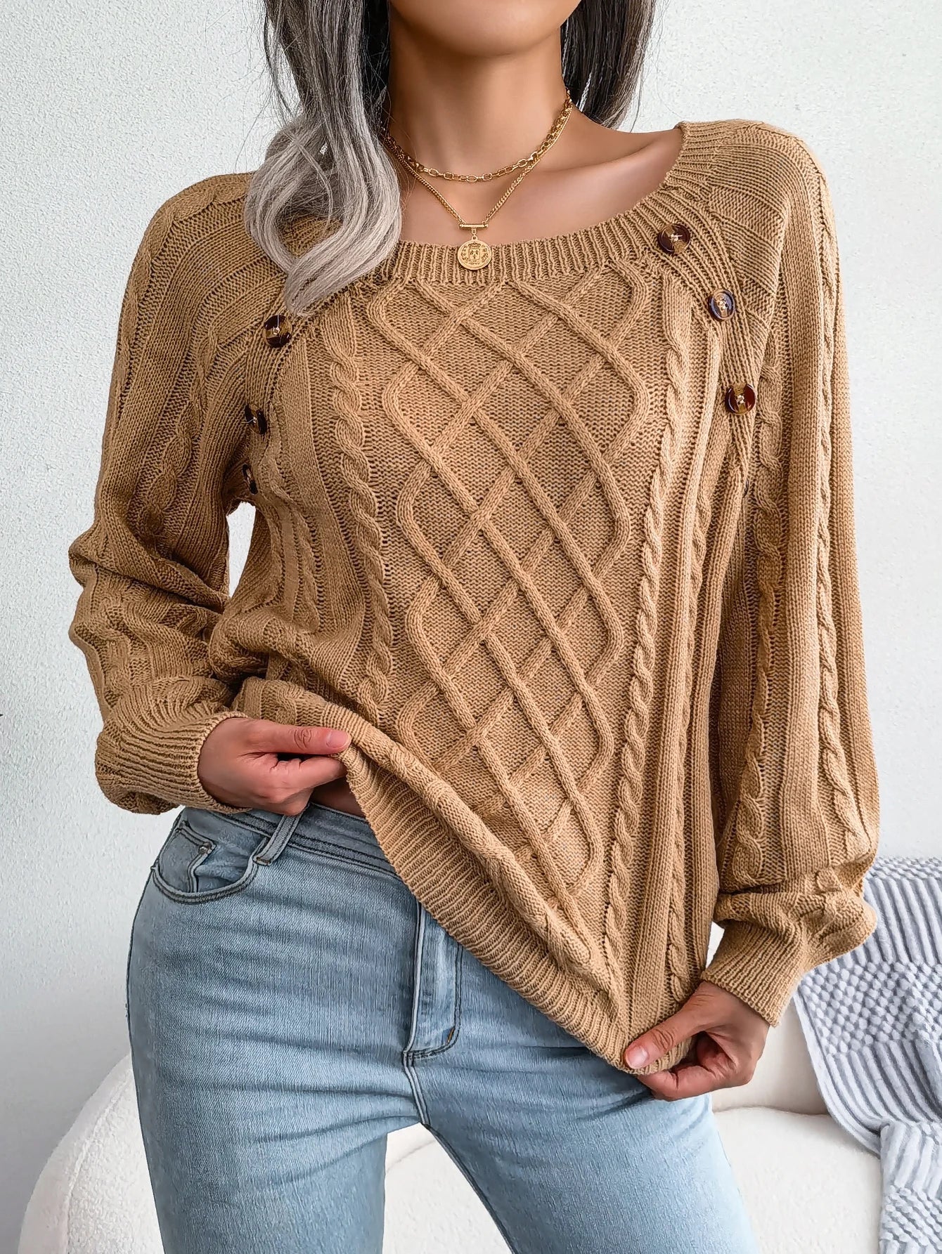 CITSLX Women Casual Square Collar Buttons Long Sleeve Knitted Pullovers And Sweaters For Autumn Winter 2024