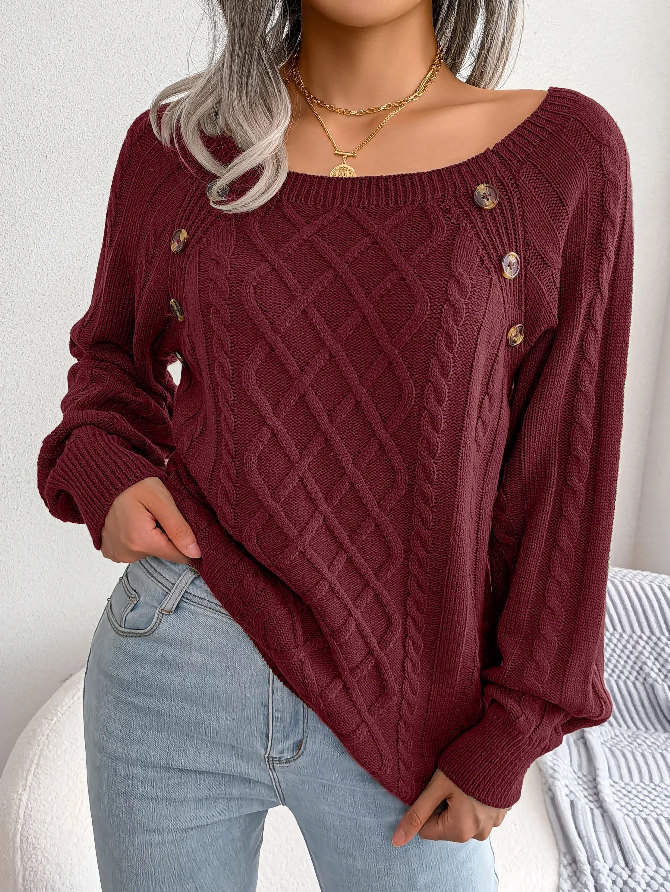 CITSLX Women Casual Square Collar Buttons Long Sleeve Knitted Pullovers And Sweaters For Autumn Winter 2024