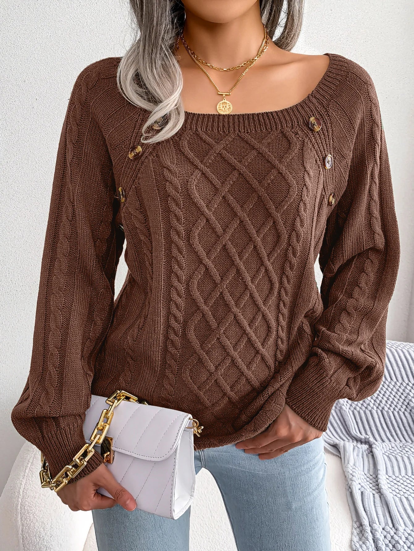 CITSLX Women Casual Square Collar Buttons Long Sleeve Knitted Pullovers And Sweaters For Autumn Winter 2024