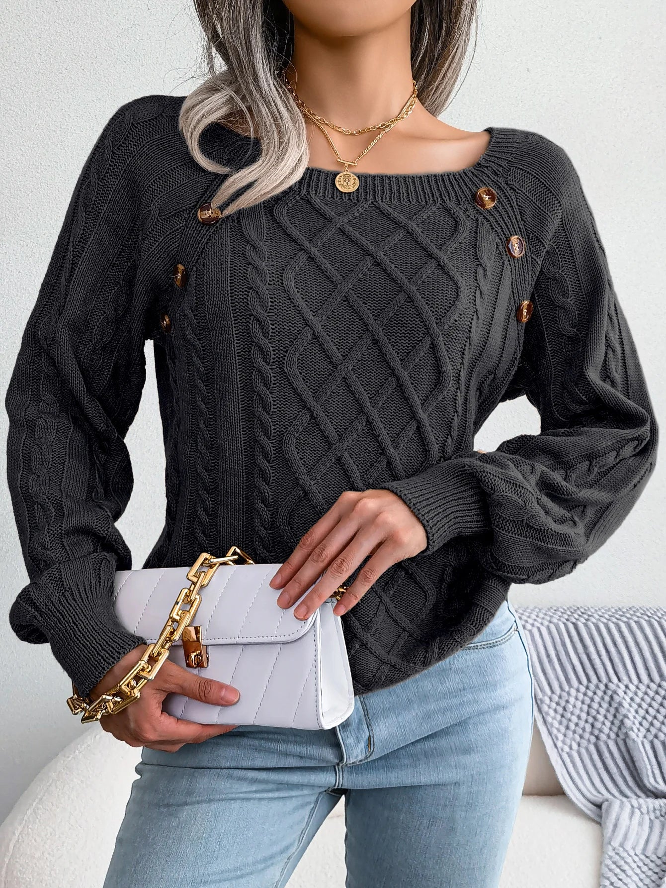 CITSLX Women Casual Square Collar Buttons Long Sleeve Knitted Pullovers And Sweaters For Autumn Winter 2024