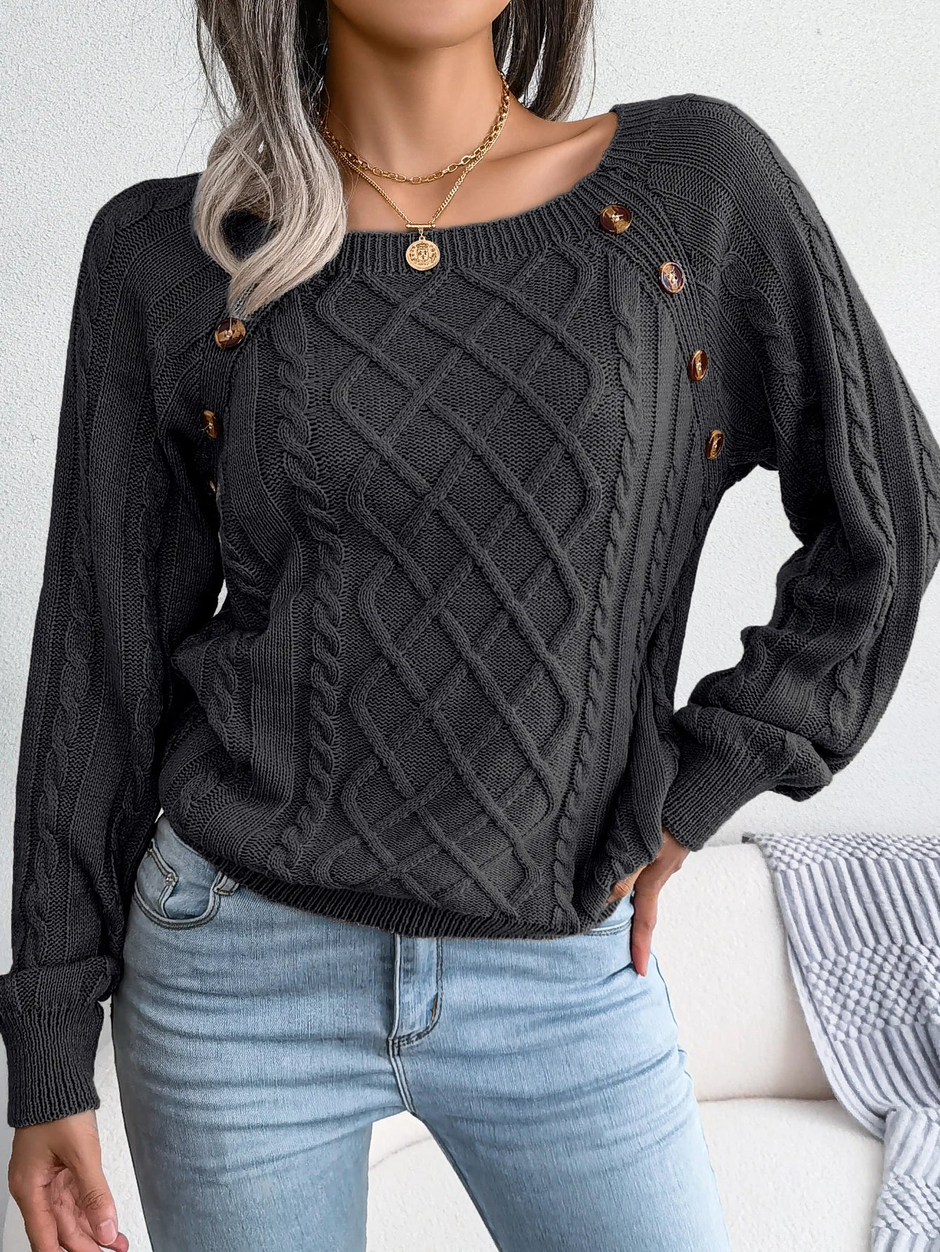 CITSLX Women Casual Square Collar Buttons Long Sleeve Knitted Pullovers And Sweaters For Autumn Winter 2024